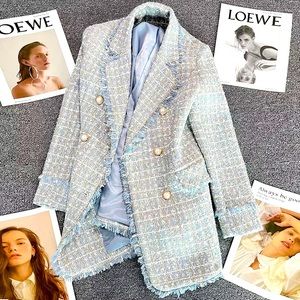 Blue Tweed Blazers For Women Elegant Stylish Fringed Pearl Buttona